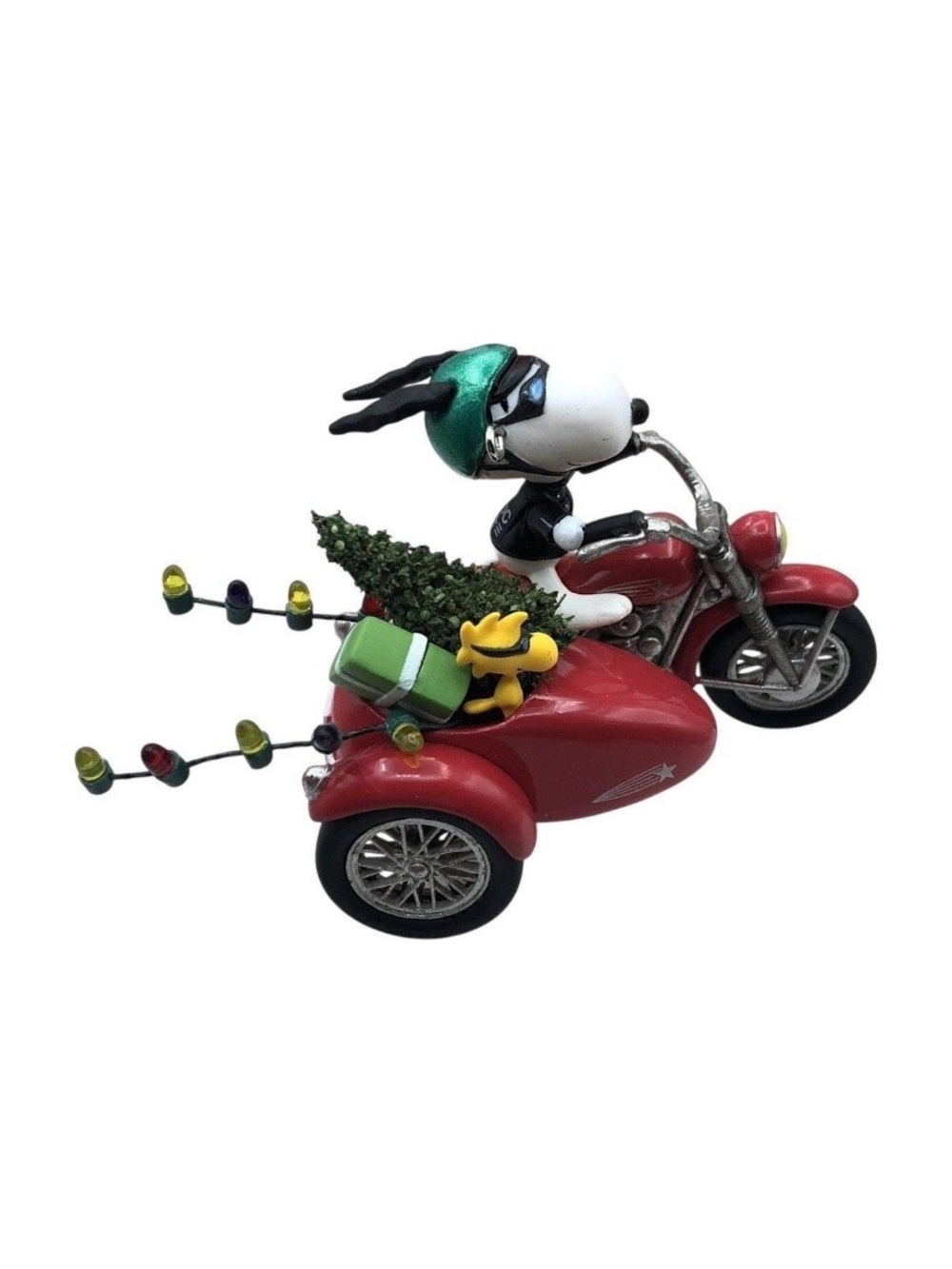 Zipping through the Snow Christmas Motorcycle Holiday Toy with Green Helmet